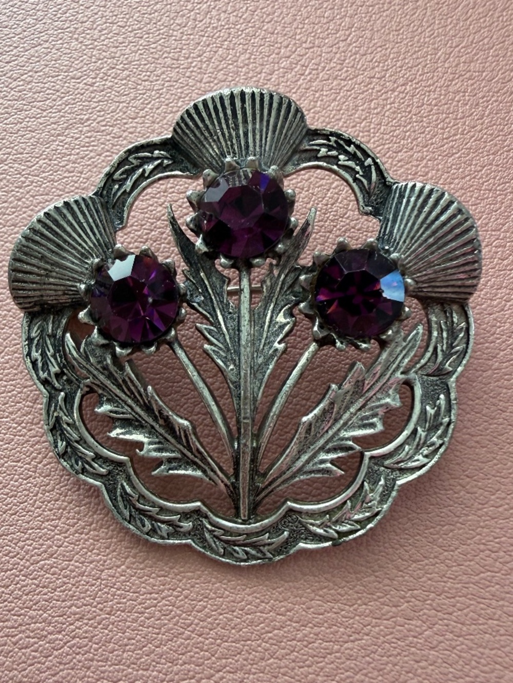 Vintage Celtic Scottish Thistle Brooch with Purple Stones